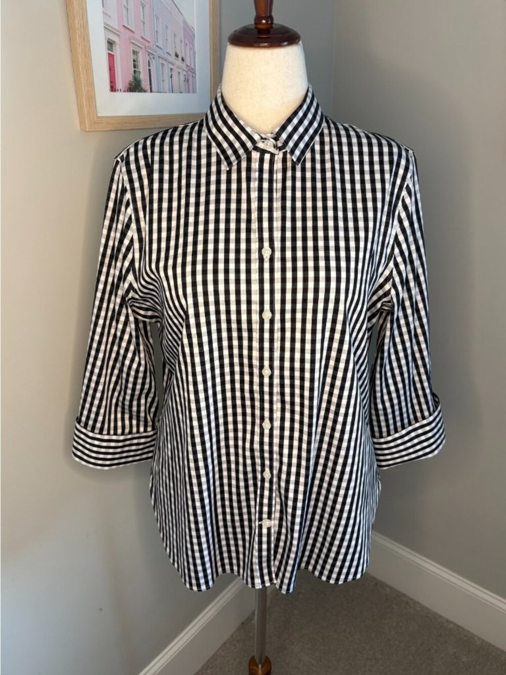 Chico's No Iron Stretch Gingham Shirt Black White Size 2 (US Size 12) 3/4 Sleeve